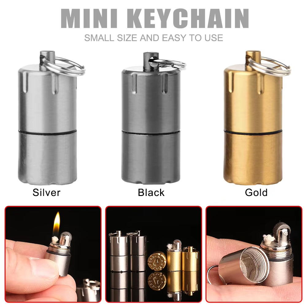 Mini Lighter Keychain without Gasoline Kerosene Oil for Outdoor Portable Capsule Cigarette Lighters Metal Pendant Key Ring Tools