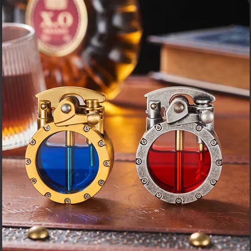 NEW Metal Rocker Arm Kerosene Lighter Creative Personality round Transparent Oil Tank Open Fire Lighter Men'S Small Tools