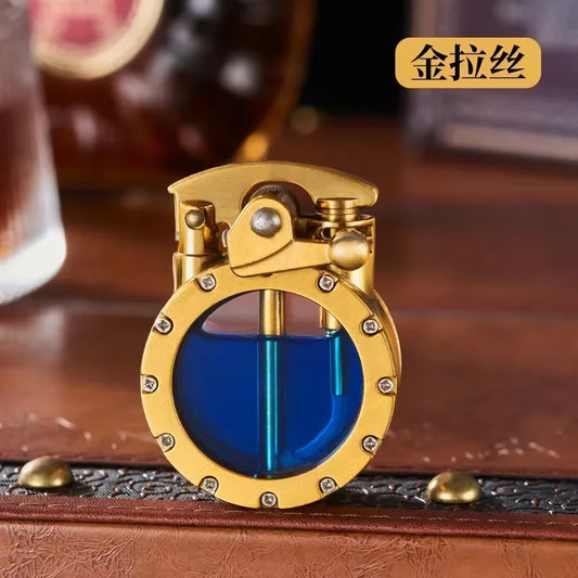 NEW Metal Rocker Arm Kerosene Lighter Creative Personality round Transparent Oil Tank Open Fire Lighter Men'S Small Tools